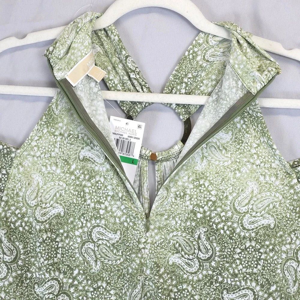 Michael Kors Cold Shoulder Paisley Neck Zipper Halter Top Blouse Army Green L‎